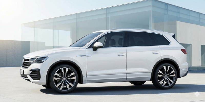 Volkswagen Touareg sang trọng đỗ trước không gian kiến trúc tối giản